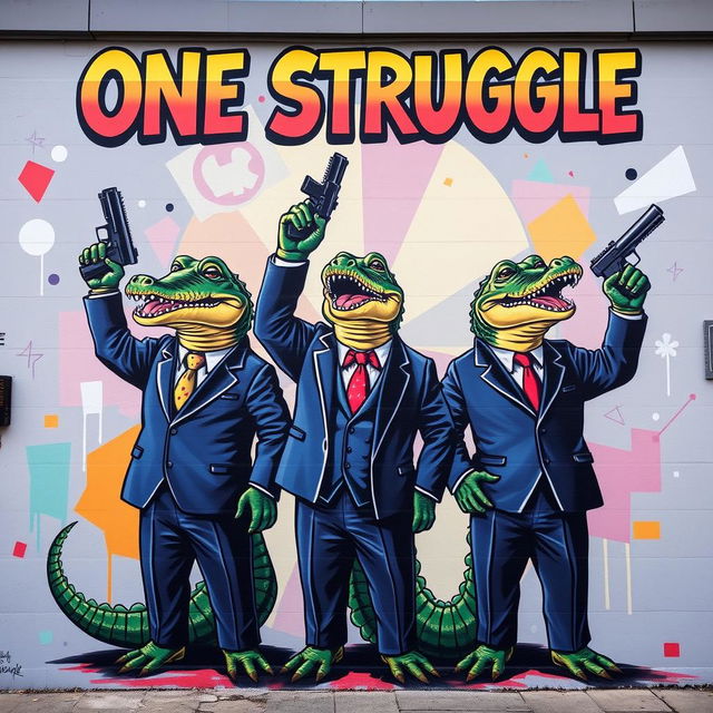 A vibrant mural featuring three crocodiles dressed in elegant suits, standing confidently