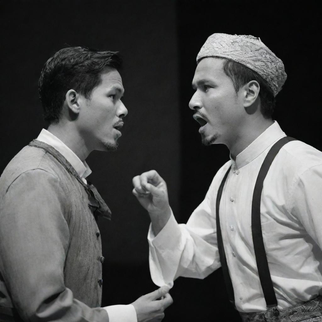 Simoun and Basilio, characters from 'El Filibusterismo', involved in a heated argument. Scene set in period-appropriate Filipino attire, with expressions of fervor and disagreement.