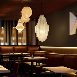 Innovative and warm interior lighting concepts for a modern restaurant ambiance with a mix of chandeliers, wall sconces, pendant lights, and accent lights.