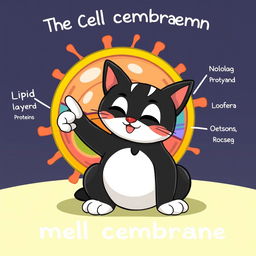 A whimsical, animated black and white cat demonstrating the concept of the cell membrane