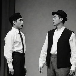 Simoun and Basilio, characters from 'El Filibusterismo', involved in a heated argument. Scene set in period-appropriate Filipino attire, with expressions of fervor and disagreement.