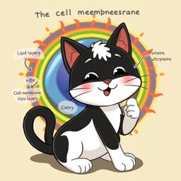 A whimsical, animated black and white cat demonstrating the concept of the cell membrane