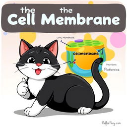 A whimsical, animated black and white cat demonstrating the concept of the cell membrane