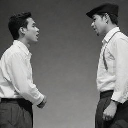 Simoun and Basilio, characters from 'El Filibusterismo', involved in a heated argument. Scene set in period-appropriate Filipino attire, with expressions of fervor and disagreement.