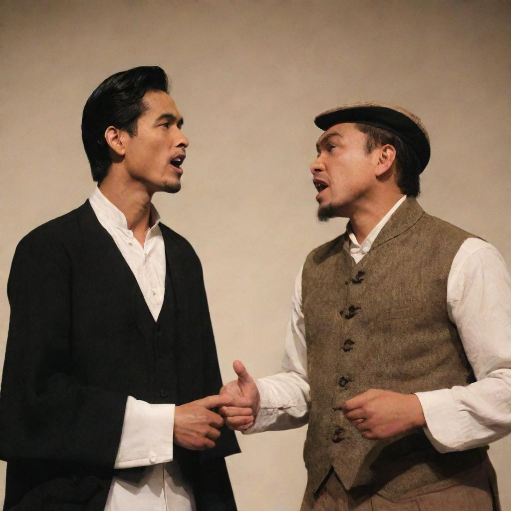 Simoun and Basilio, characters from 'El Filibusterismo', involved in a heated argument. Scene set in period-appropriate Filipino attire, with expressions of fervor and disagreement.