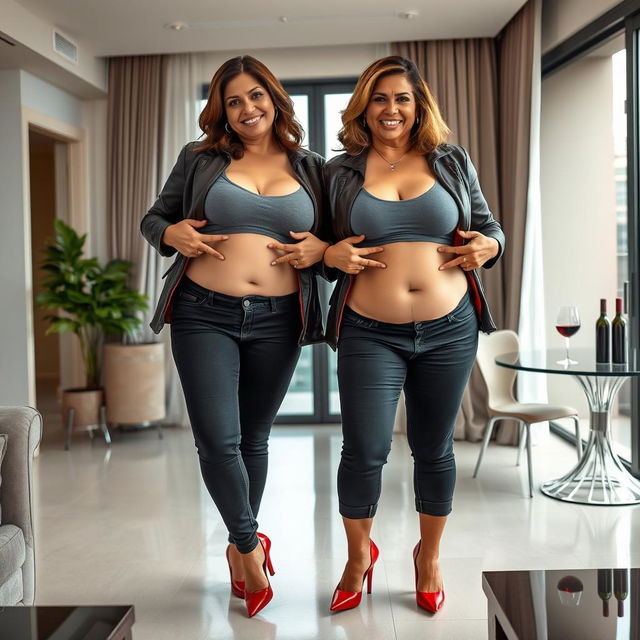 A realistic image of two extremely gorgeous and beautiful mature voluptuous Indian women aged 40, featuring all the typical Indian facial structures