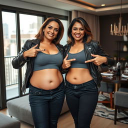 A realistic image of two extremely gorgeous and beautiful mature voluptuous Indian women aged 40, featuring all the typical Indian facial structures