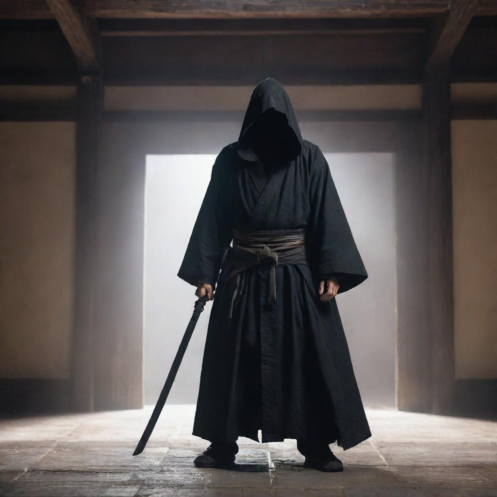 A cloaked figure stands in an aged building, a Katana gripped tightly in his hand. His eyes spark with determination, summoning powers stirring the air around him as he prepares for an imminent battle.