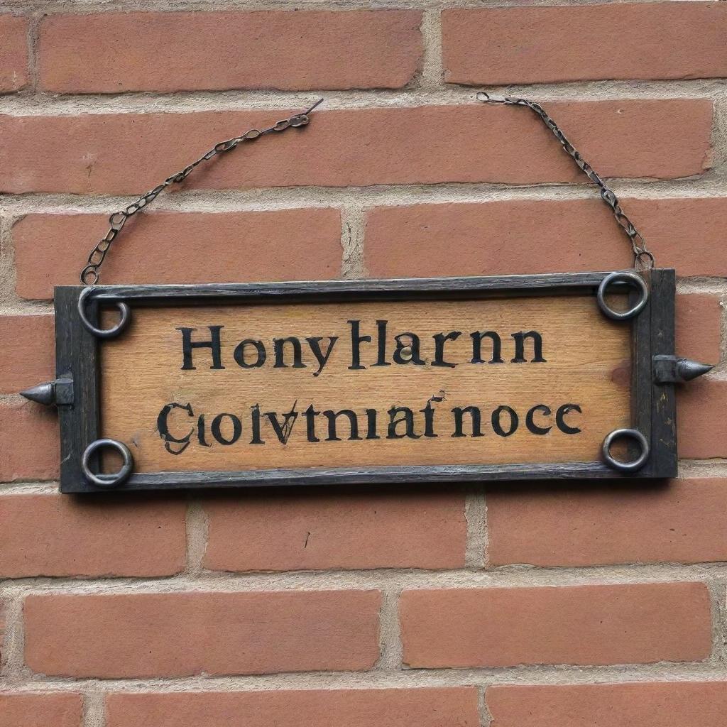 A specular Harry Potter themed hanging sign board with no writing. The design resembles a signpost found in Diagon Alley or Hogsmeade, made of aged wood and metal chains, ready to be customized with a personal message.