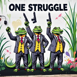 A vibrant mural depicting three crocodiles dressed in stylish suits, standing confidently with guns raised high in the air