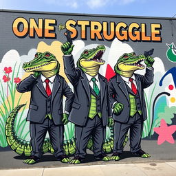 A vibrant mural depicting three crocodiles dressed in stylish suits, standing confidently with guns raised high in the air