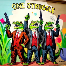 A vibrant mural depicting three crocodiles dressed in stylish suits, standing confidently with guns raised high in the air