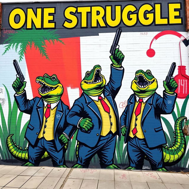 A vibrant mural depicting three crocodiles dressed in stylish suits, standing confidently with guns raised high in the air