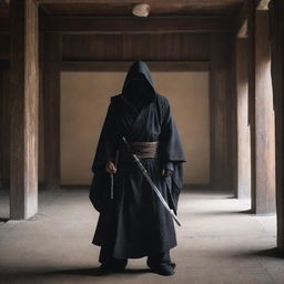 A cloaked figure stands in an aged building, a Katana gripped tightly in his hand. His eyes spark with determination, summoning powers stirring the air around him as he prepares for an imminent battle.