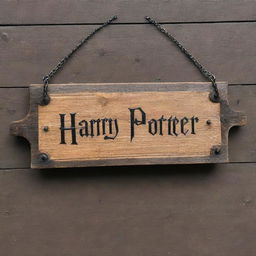 A specular Harry Potter themed hanging sign board with no writing. The design resembles a signpost found in Diagon Alley or Hogsmeade, made of aged wood and metal chains, ready to be customized with a personal message.