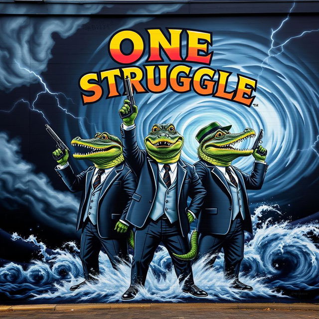 A striking mural featuring three crocodiles dressed in elegant suits, standing confidently with guns raised triumphantly in the air