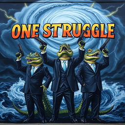 A striking mural featuring three crocodiles dressed in elegant suits, standing confidently with guns raised triumphantly in the air