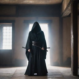 A cloaked figure stands in an aged building, a Katana gripped tightly in his hand. His eyes spark with determination, summoning powers stirring the air around him as he prepares for an imminent battle.