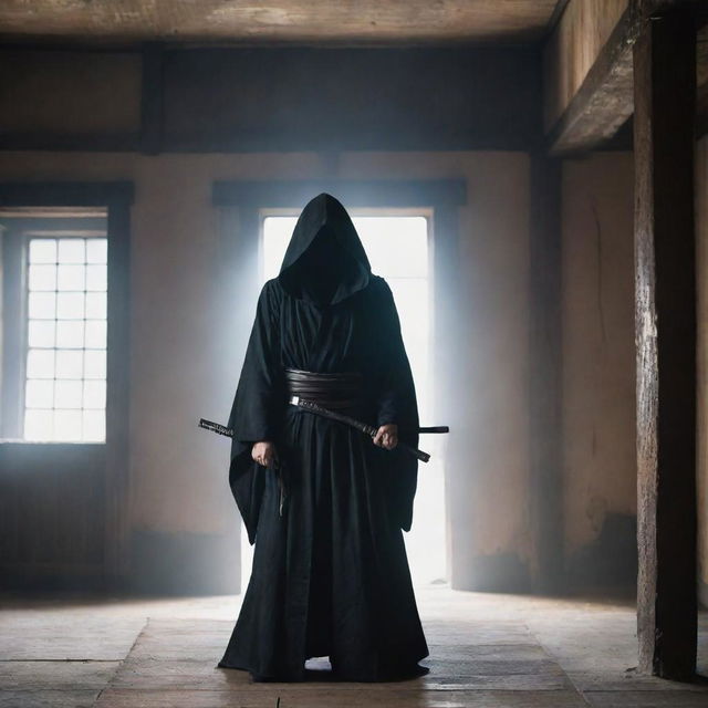 A cloaked figure stands in an aged building, a Katana gripped tightly in his hand. His eyes spark with determination, summoning powers stirring the air around him as he prepares for an imminent battle.