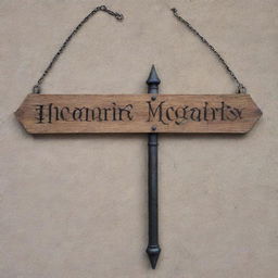 A specular Harry Potter themed hanging sign board with no writing. The design resembles a signpost found in Diagon Alley or Hogsmeade, made of aged wood and metal chains, ready to be customized with a personal message.