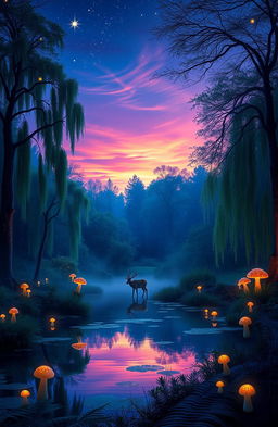 An enchanting forest scene at dusk, illuminated by soft bioluminescent plants and glowing mushrooms