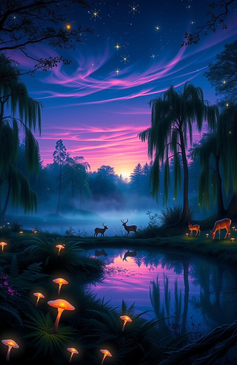 An enchanting forest scene at dusk, illuminated by soft bioluminescent plants and glowing mushrooms