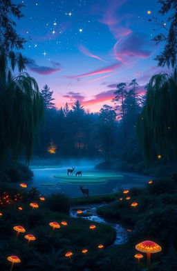 An enchanting forest scene at dusk, illuminated by soft bioluminescent plants and glowing mushrooms