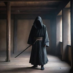 A cloaked figure stands in an aged building, a Katana gripped tightly in his hand. His eyes spark with determination, summoning powers stirring the air around him as he prepares for an imminent battle.