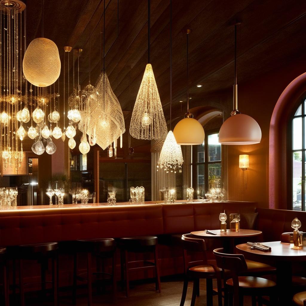 An array of interior restaurant lighting designs, incorporating chandeliers, mood lighting, wall sconces, pendant lights, and table lamps, resulting in a warm, welcoming and fashionable dining environment.