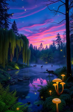 An enchanting forest scene at dusk, illuminated by soft bioluminescent plants and glowing mushrooms