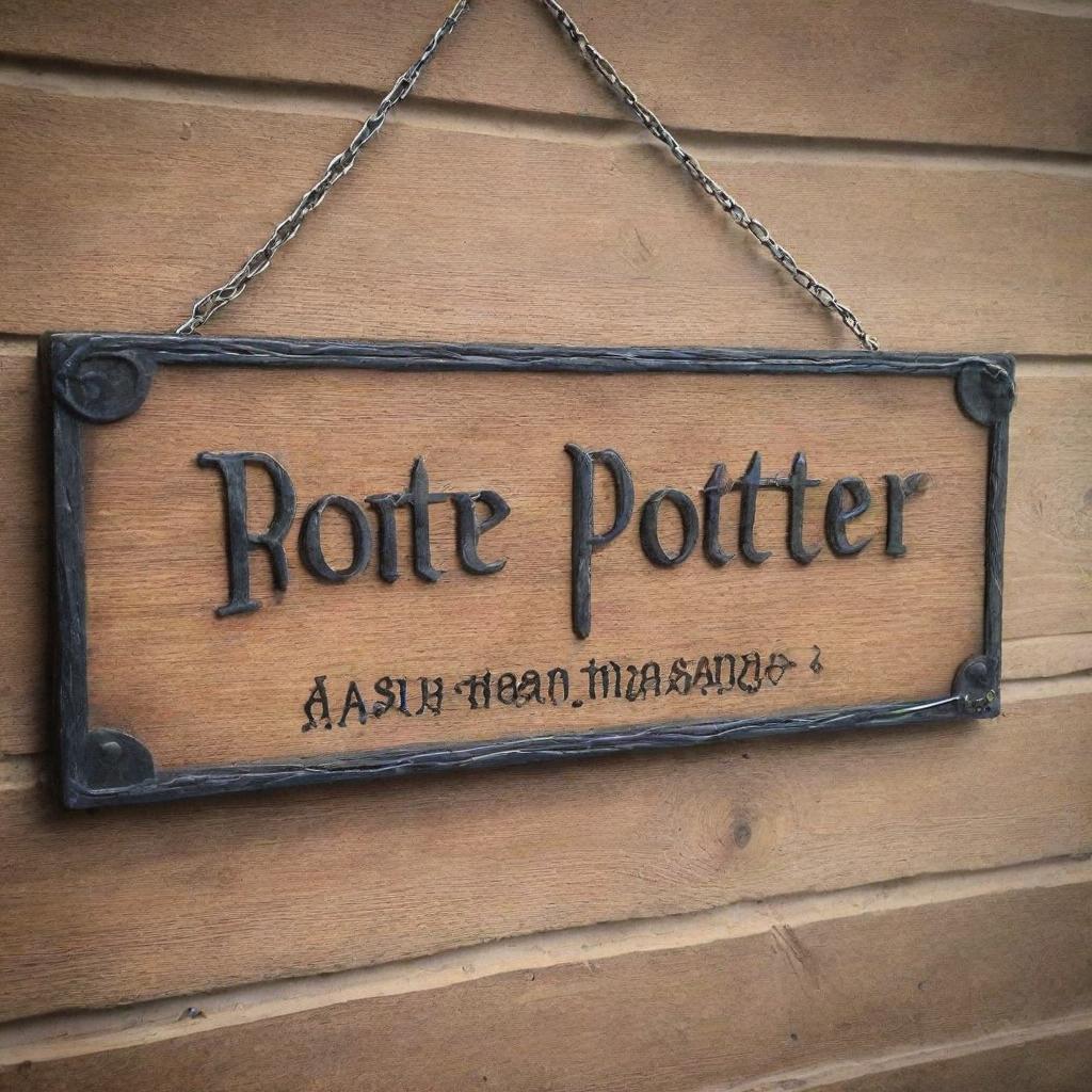 A specular Harry Potter themed hanging sign board with no writing. The design resembles a signpost found in Diagon Alley or Hogsmeade, made of aged wood and metal chains, ready to be customized with a personal message.