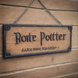 A specular Harry Potter themed hanging sign board with no writing. The design resembles a signpost found in Diagon Alley or Hogsmeade, made of aged wood and metal chains, ready to be customized with a personal message.