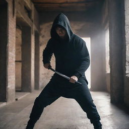 A guy in a hoodie is in an old building, poised for combat. He holds a Katana, displaying a resolute stance. His summoning power charges the atmosphere with an explosive vibe as he readies for a looming battle.