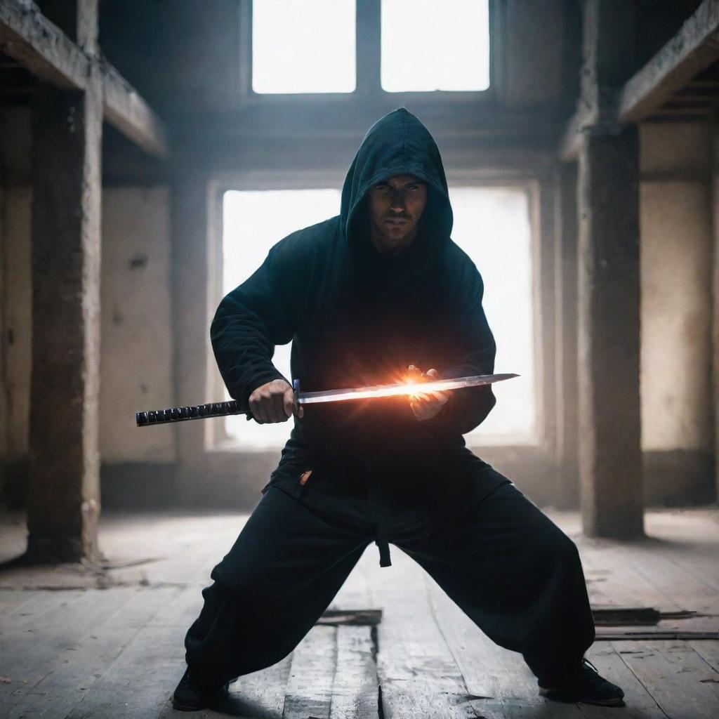 A guy in a hoodie is in an old building, poised for combat. He holds a Katana, displaying a resolute stance. His summoning power charges the atmosphere with an explosive vibe as he readies for a looming battle.