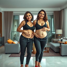 A realistic image of two extremely gorgeous and beautiful mature voluptuous fit Indian women aged 40, featuring all the usual Indian facial structures