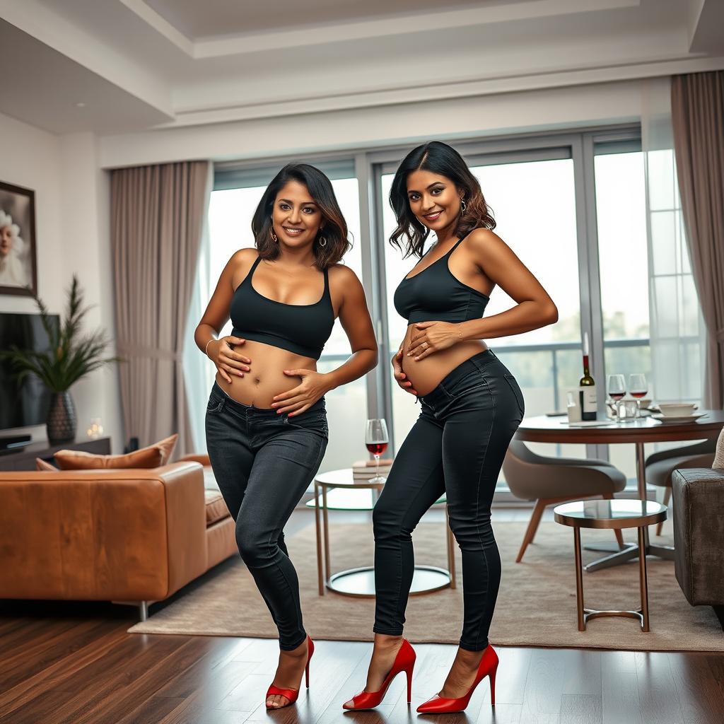 A realistic image of two extremely gorgeous and beautiful mature voluptuous fit Indian women aged 40, featuring all the usual Indian facial structures