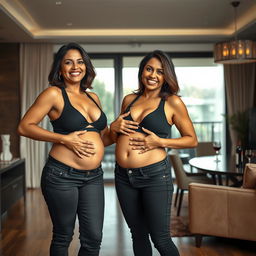 A realistic image of two extremely gorgeous and beautiful mature voluptuous fit Indian women aged 40, featuring all the usual Indian facial structures