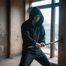 A guy in a hoodie is in an old building, poised for combat. He holds a Katana, displaying a resolute stance. His summoning power charges the atmosphere with an explosive vibe as he readies for a looming battle.