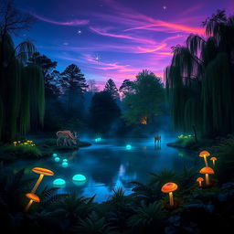 An enchanting forest scene at dusk, illuminated by soft bioluminescent plants and glowing mushrooms