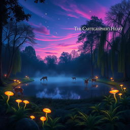 An enchanting forest scene at dusk, illuminated by soft bioluminescent plants and glowing mushrooms