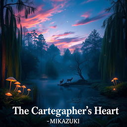 An enchanting forest scene at dusk, illuminated by soft bioluminescent plants and glowing mushrooms