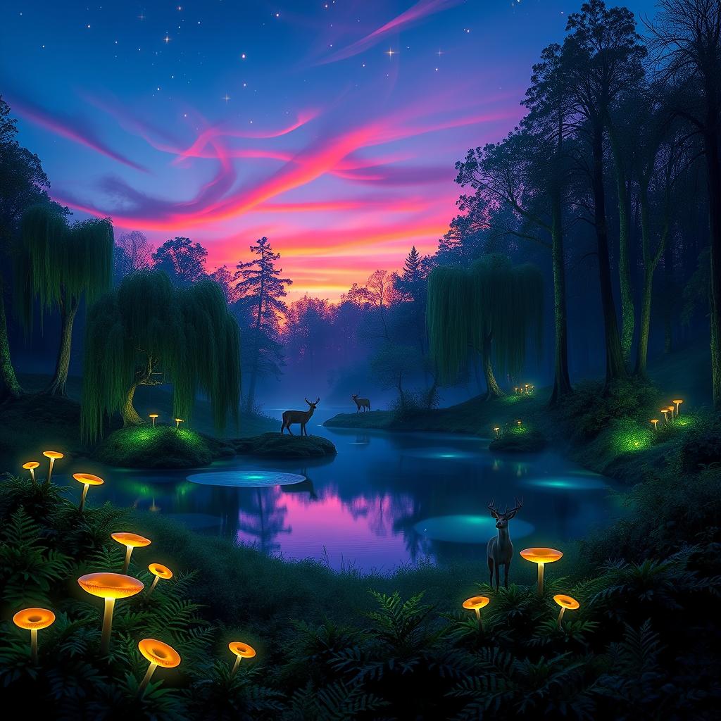 An enchanting forest scene at dusk, illuminated by soft bioluminescent plants and glowing mushrooms