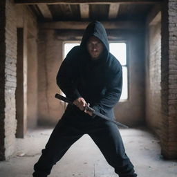 A guy in a hoodie is in an old building, poised for combat. He holds a Katana, displaying a resolute stance. His summoning power charges the atmosphere with an explosive vibe as he readies for a looming battle.