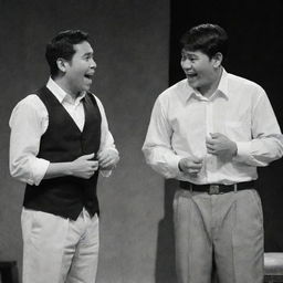 Simoun and Basilio from 'El Filibusterismo' arguing, but twist the scene so now Simoun is laughing heartily. Maintain the period-appropriate Filipino attire and intense atmosphere.