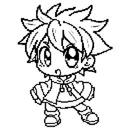 A pixelated anime character designed in a black and gray coloring book style, featuring bold lines and intricate details suitable for coloring