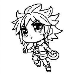 A pixelated anime character designed in a black and gray coloring book style, featuring bold lines and intricate details suitable for coloring