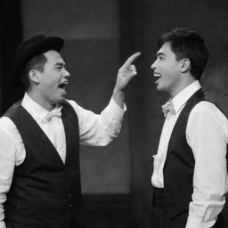 Simoun and Basilio from 'El Filibusterismo' arguing, but twist the scene so now Simoun is laughing heartily. Maintain the period-appropriate Filipino attire and intense atmosphere.