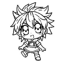 A pixelated anime character designed in a black and gray coloring book style, featuring bold lines and intricate details suitable for coloring