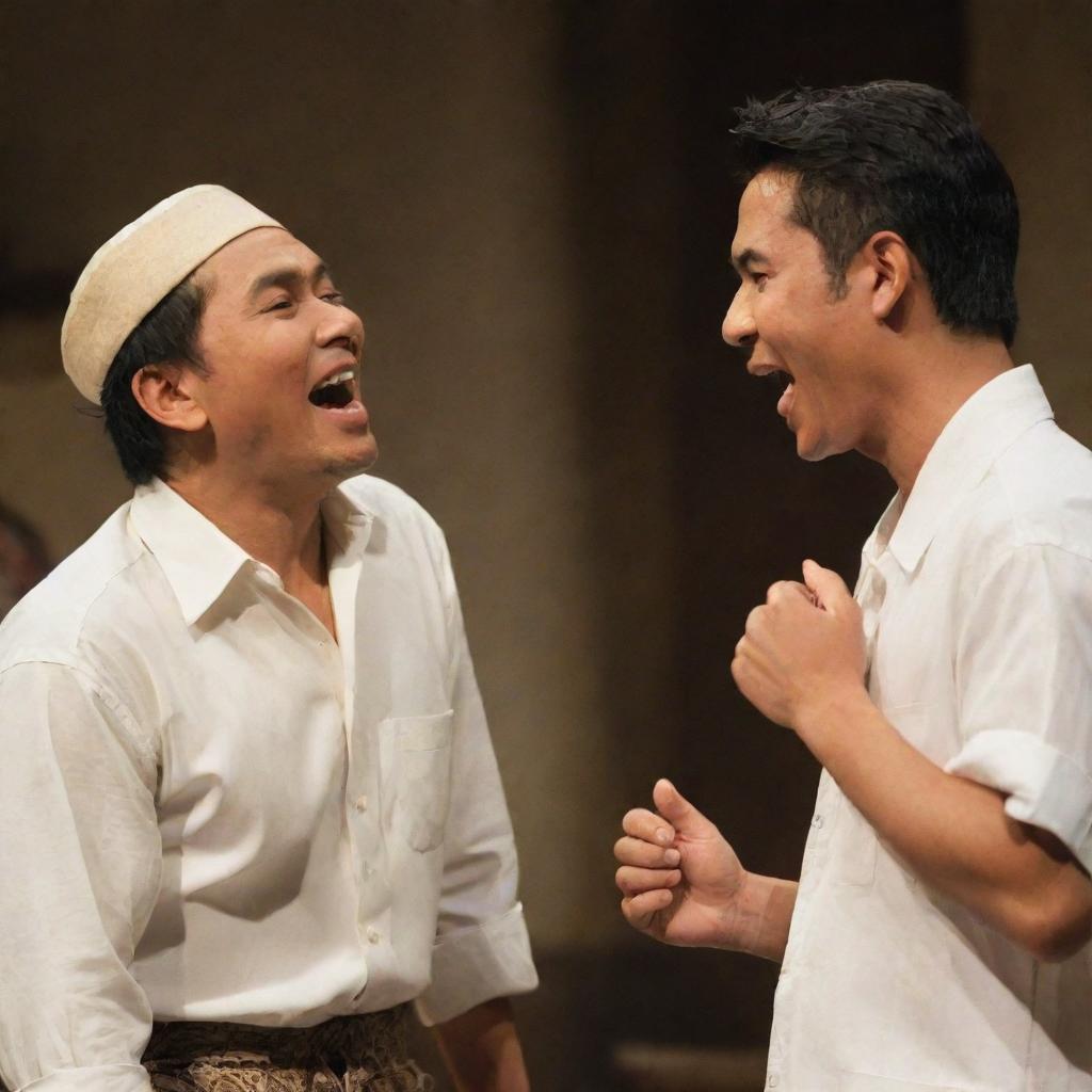 Simoun and Basilio from 'El Filibusterismo' arguing, but twist the scene so now Simoun is laughing heartily. Maintain the period-appropriate Filipino attire and intense atmosphere.