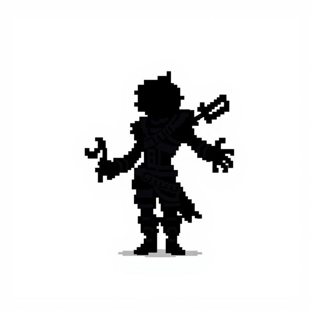 A pixelated sprite character designed for a 2D game, featuring a fully black silhouette